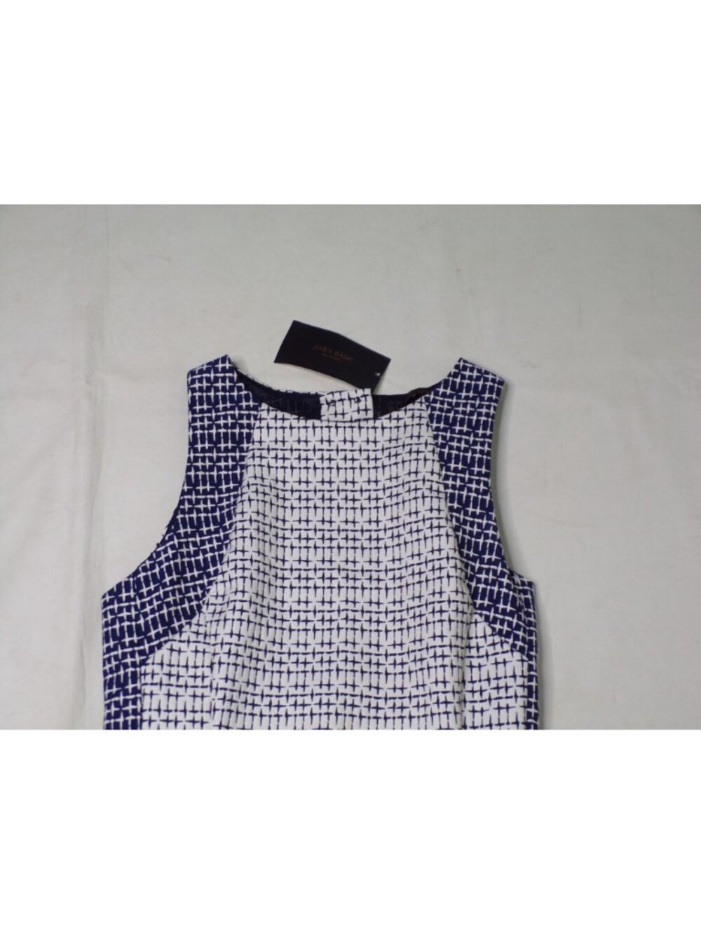 🆕ZARA Cut-Out Back Sleeveless Sheath Dress Navy Blue Off-White Print Medium - Picture 10 of 12